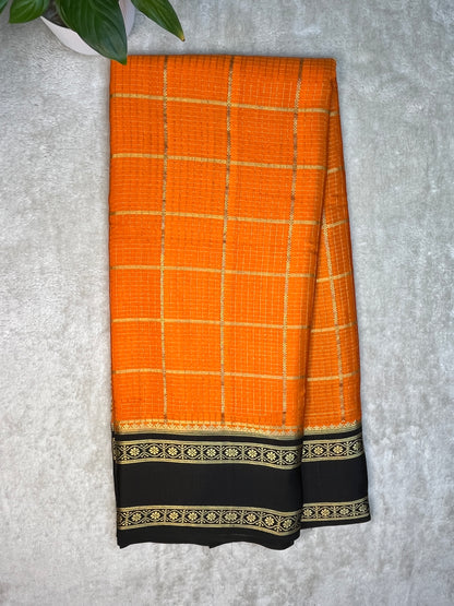 Pure Mysore Silk In Bentex Checks With Orange & Black Contrast Blouse