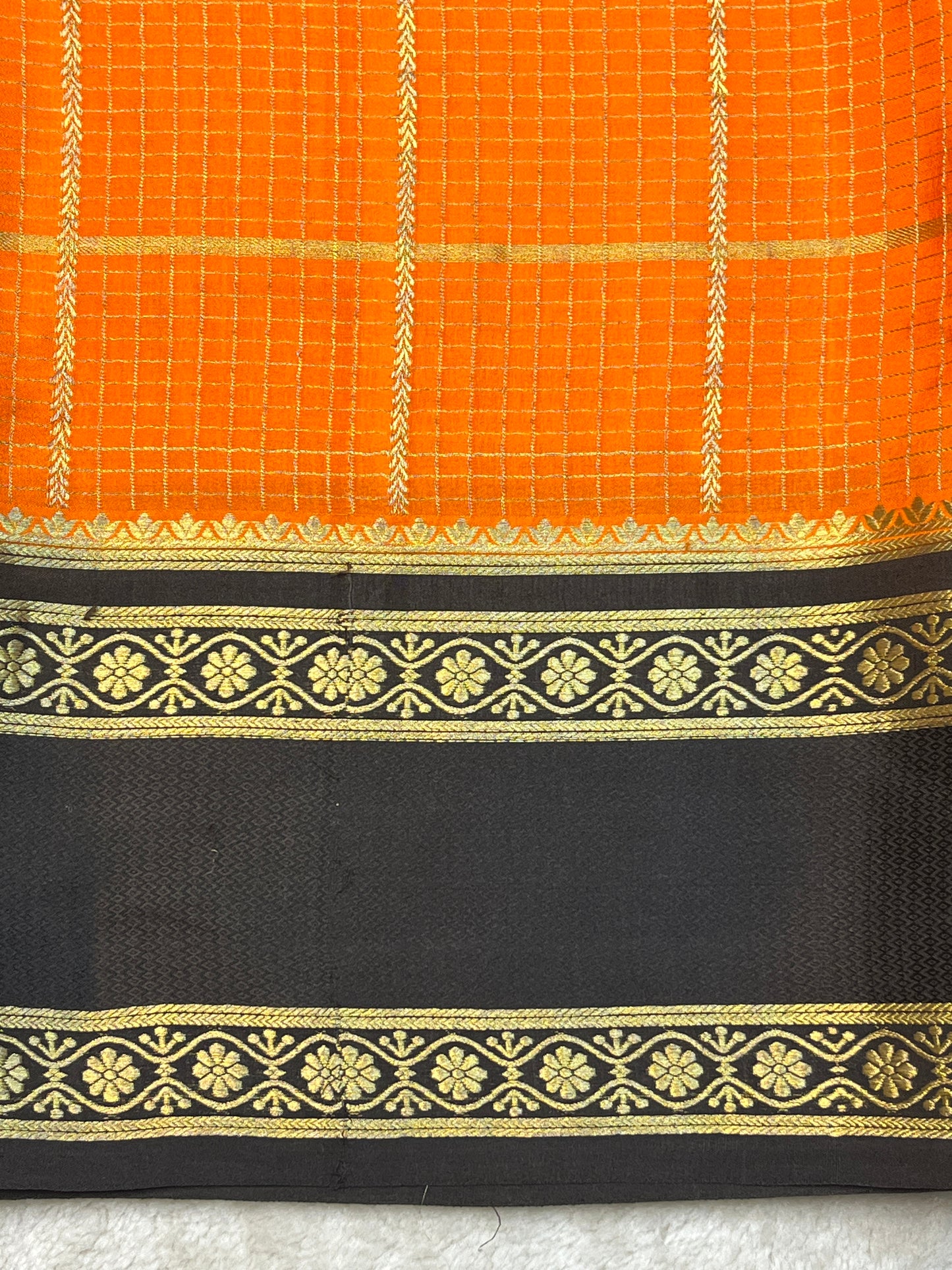 Pure Mysore Silk In Bentex Checks With Orange & Black Contrast Blouse