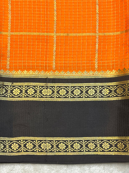 Pure Mysore Silk In Bentex Checks With Orange & Black Contrast Blouse