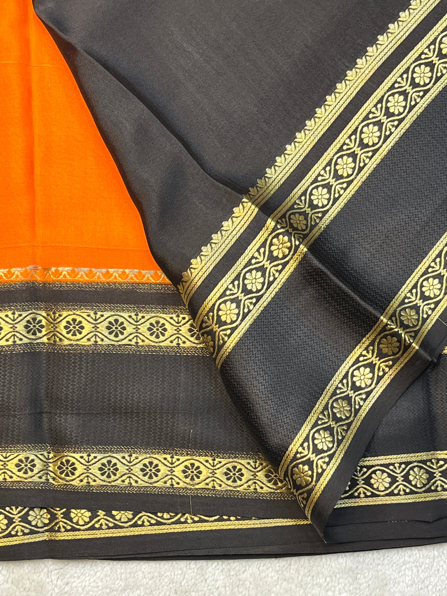 Pure Mysore Silk In Bentex Checks With Orange & Black Contrast Blouse