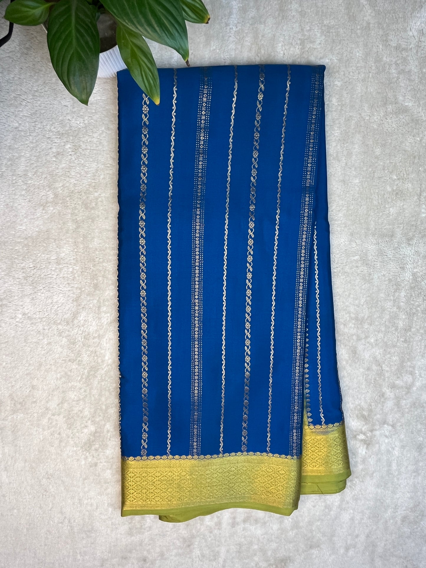 Pure Mysore Silk s&s stripes border 2D Saree in Royal Blue with Contrast Green Blouse