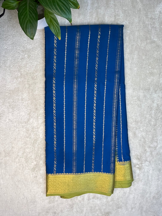 Pure Mysore Silk s&s stripes border 2D Saree in Royal Blue with Contrast Green Blouse
