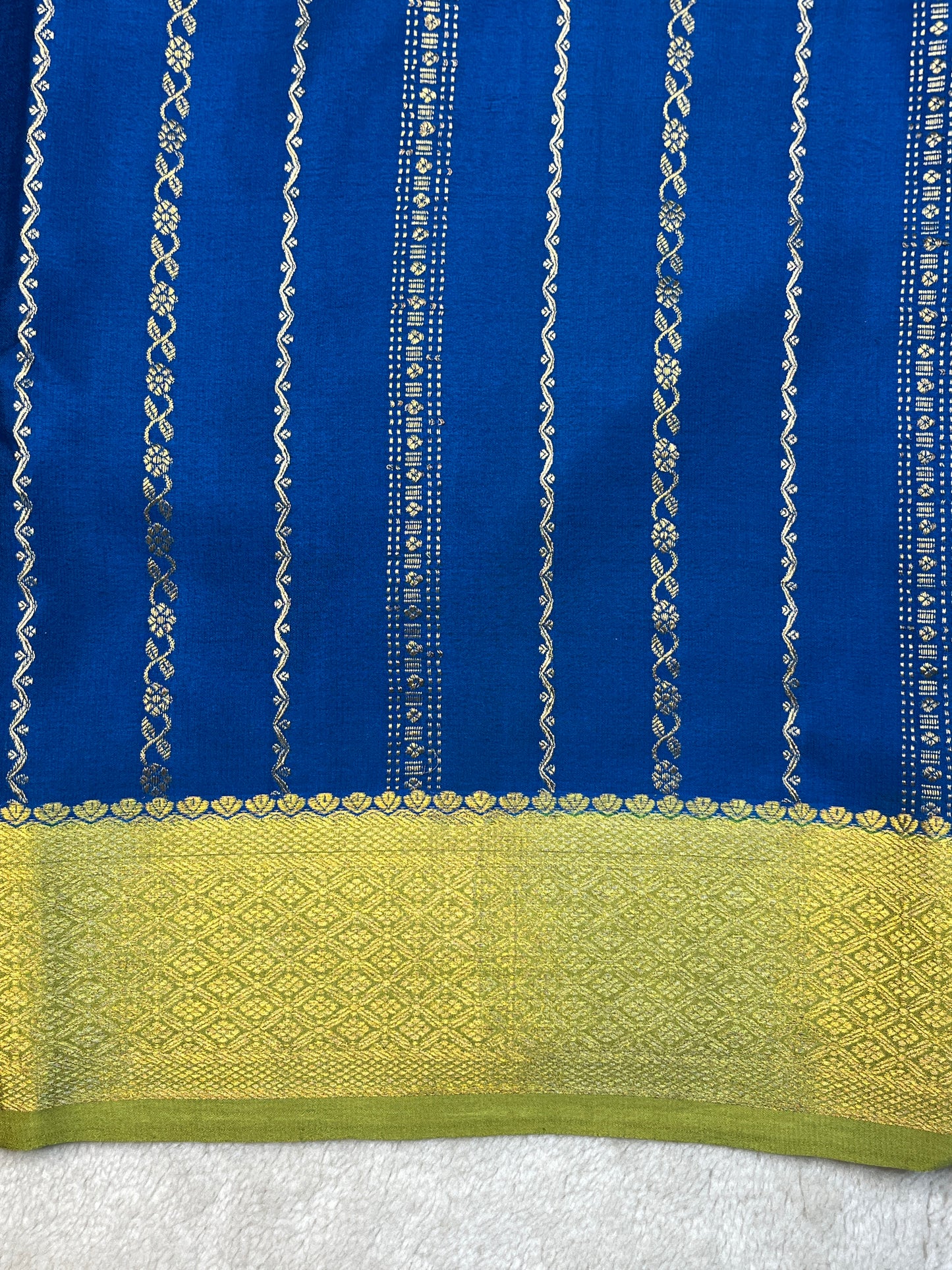 Pure Mysore Silk s&s stripes border 2D Saree in Royal Blue with Contrast Green Blouse