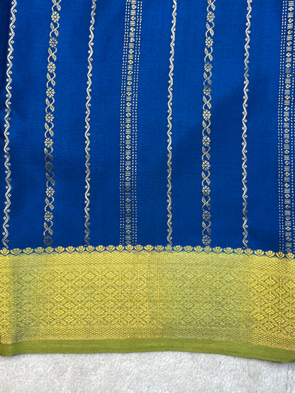 Pure Mysore Silk s&s stripes border 2D Saree in Royal Blue with Contrast Green Blouse