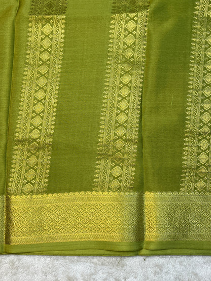 Pure Mysore Silk s&s stripes border 2D Saree in Royal Blue with Contrast Green Blouse