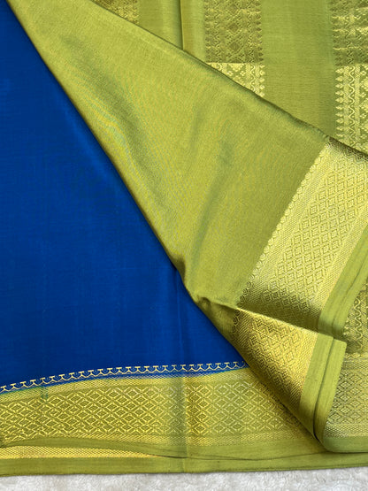 Pure Mysore Silk s&s stripes border 2D Saree in Royal Blue with Contrast Green Blouse