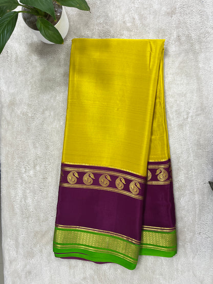 Pure Crepe Mysore Silk-3D Saree in Yellow and Green with Purple Blouse