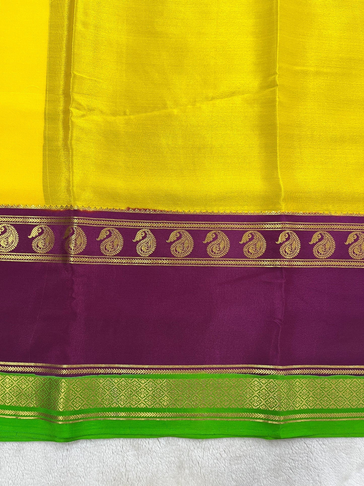 Pure Crepe Mysore Silk-3D Saree in Yellow and Green with Purple Blouse