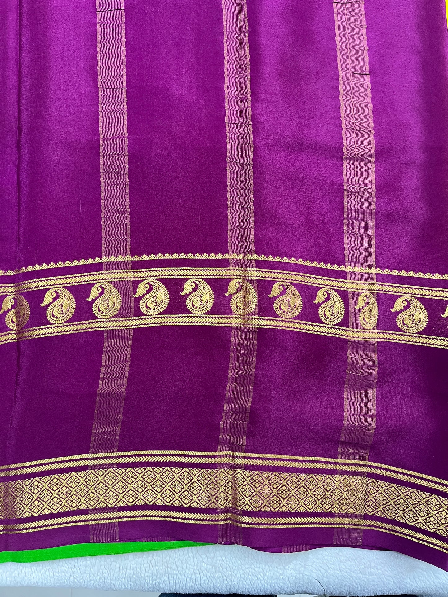 Pure Crepe Mysore Silk-3D Saree in Yellow and Green with Purple Blouse