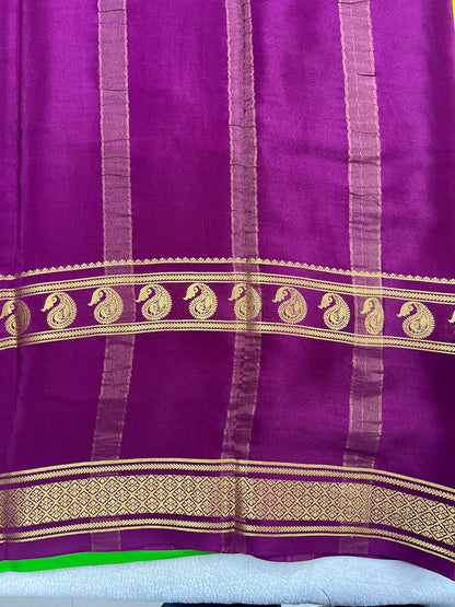 Pure Crepe Mysore Silk-3D Saree in Yellow and Green with Purple Blouse