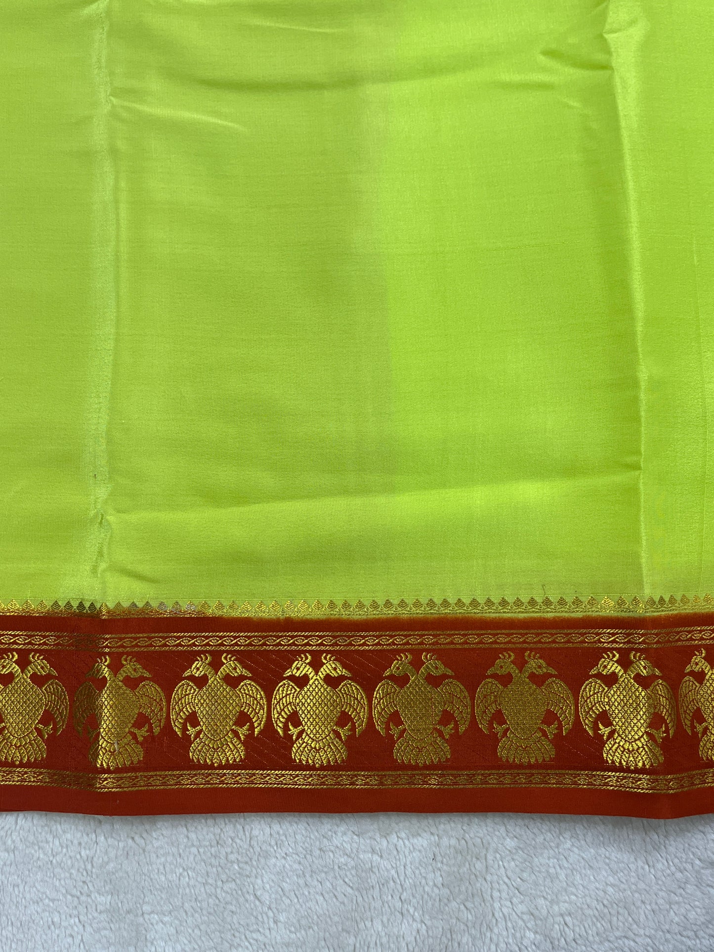 Pure Crepe Mysore Silk with Gandaberunda Pattern In Green with Contrast Red Blouse