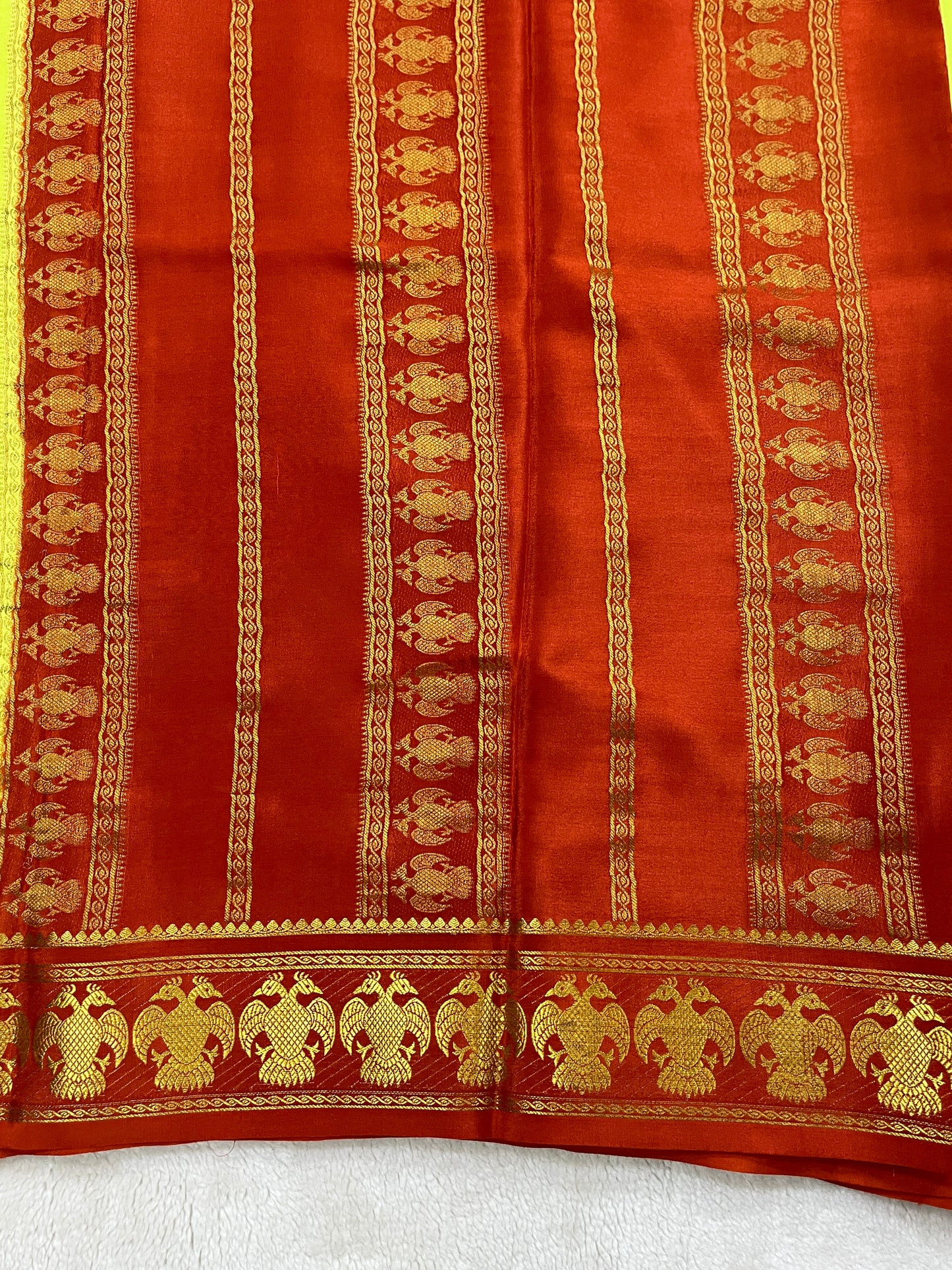 Pure Crepe Mysore Silk with Gandaberunda Pattern In Green with Contrast Red Blouse