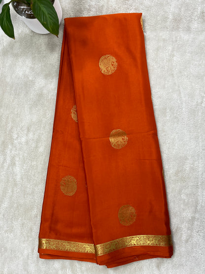 Pure Crepe Mysore Silk Saree Elephant Butta In Orange With Self Blouse