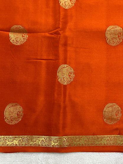 Pure Crepe Mysore Silk Saree Elephant Butta In Orange With Self Blouse