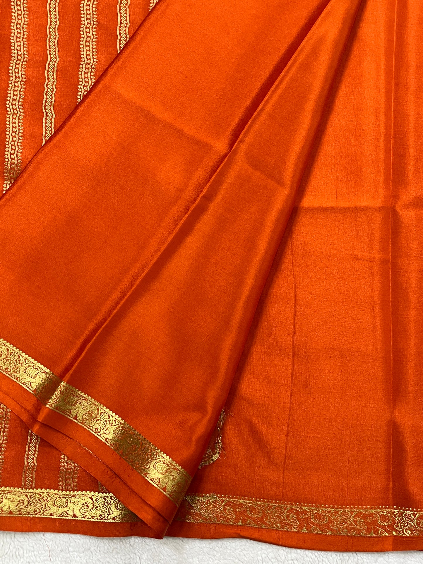 Pure Crepe Mysore Silk Saree Elephant Butta In Orange With Self Blouse
