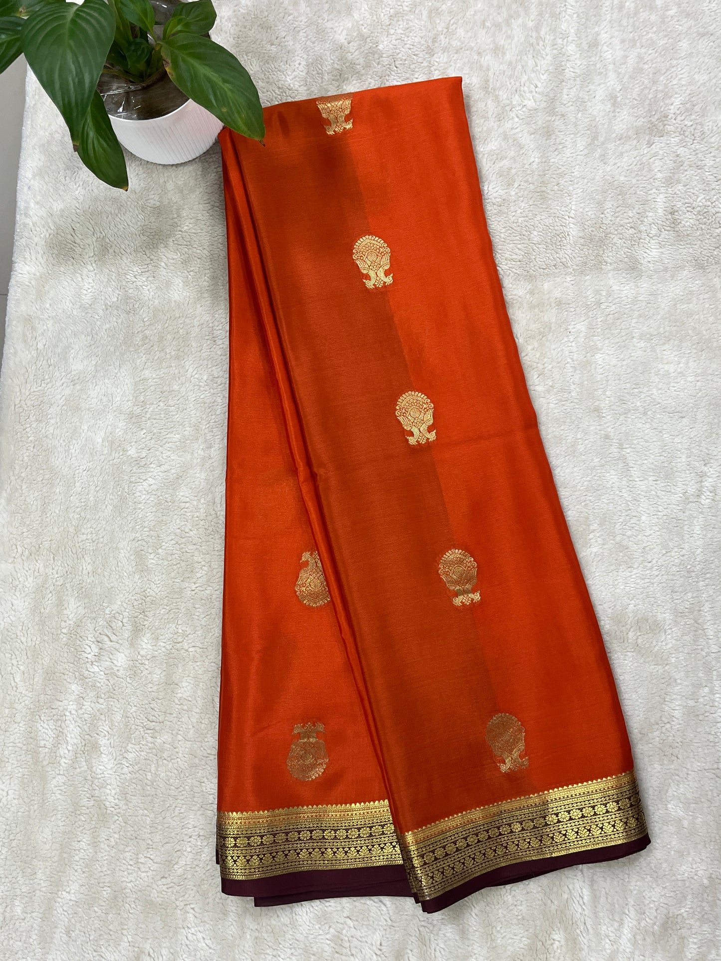 Pure Crepe Mysore Silk Saree Gatti Border Butta Orange & With Brocade Brown Contrast Blouse