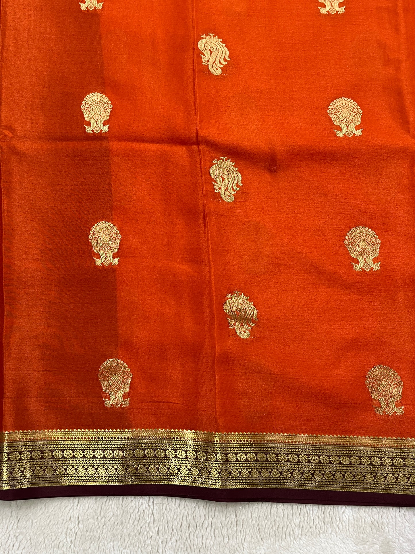 Pure Crepe Mysore Silk Saree Gatti Border Butta Orange & With Brocade Brown Contrast Blouse