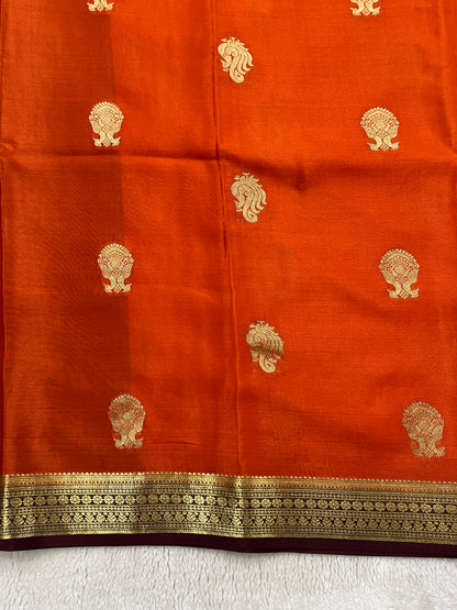 Pure Crepe Mysore Silk Saree Gatti Border Butta Orange & With Brocade Brown Contrast Blouse