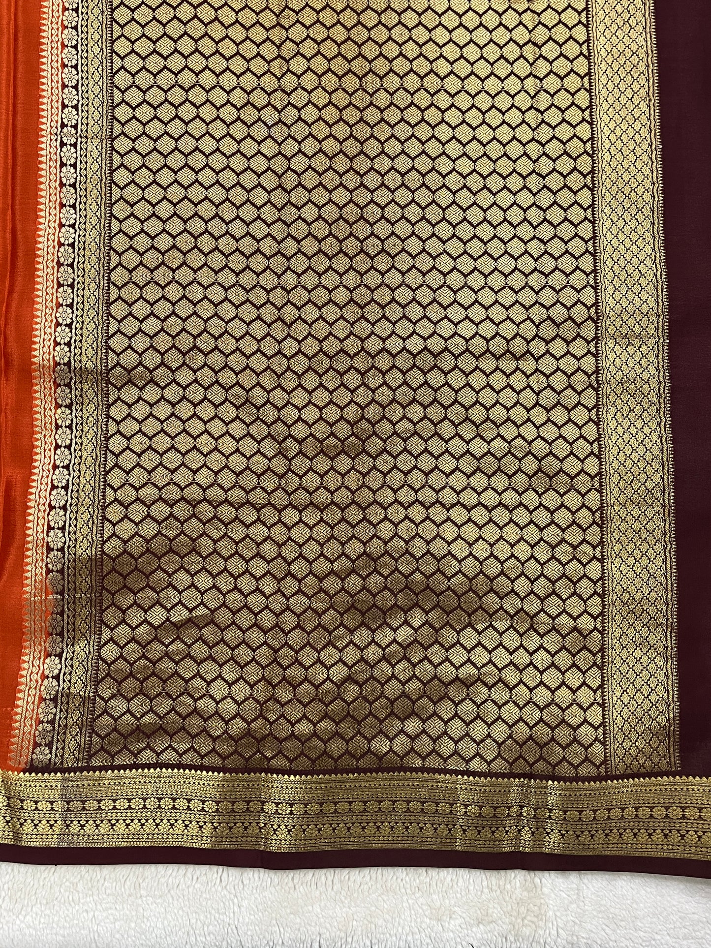 Pure Crepe Mysore Silk Saree Gatti Border Butta Orange & With Brocade Brown Contrast Blouse