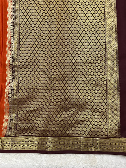 Pure Crepe Mysore Silk Saree Gatti Border Butta Orange & With Brocade Brown Contrast Blouse