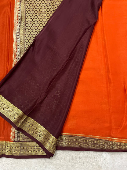 Pure Crepe Mysore Silk Saree Gatti Border Butta Orange & With Brocade Brown Contrast Blouse