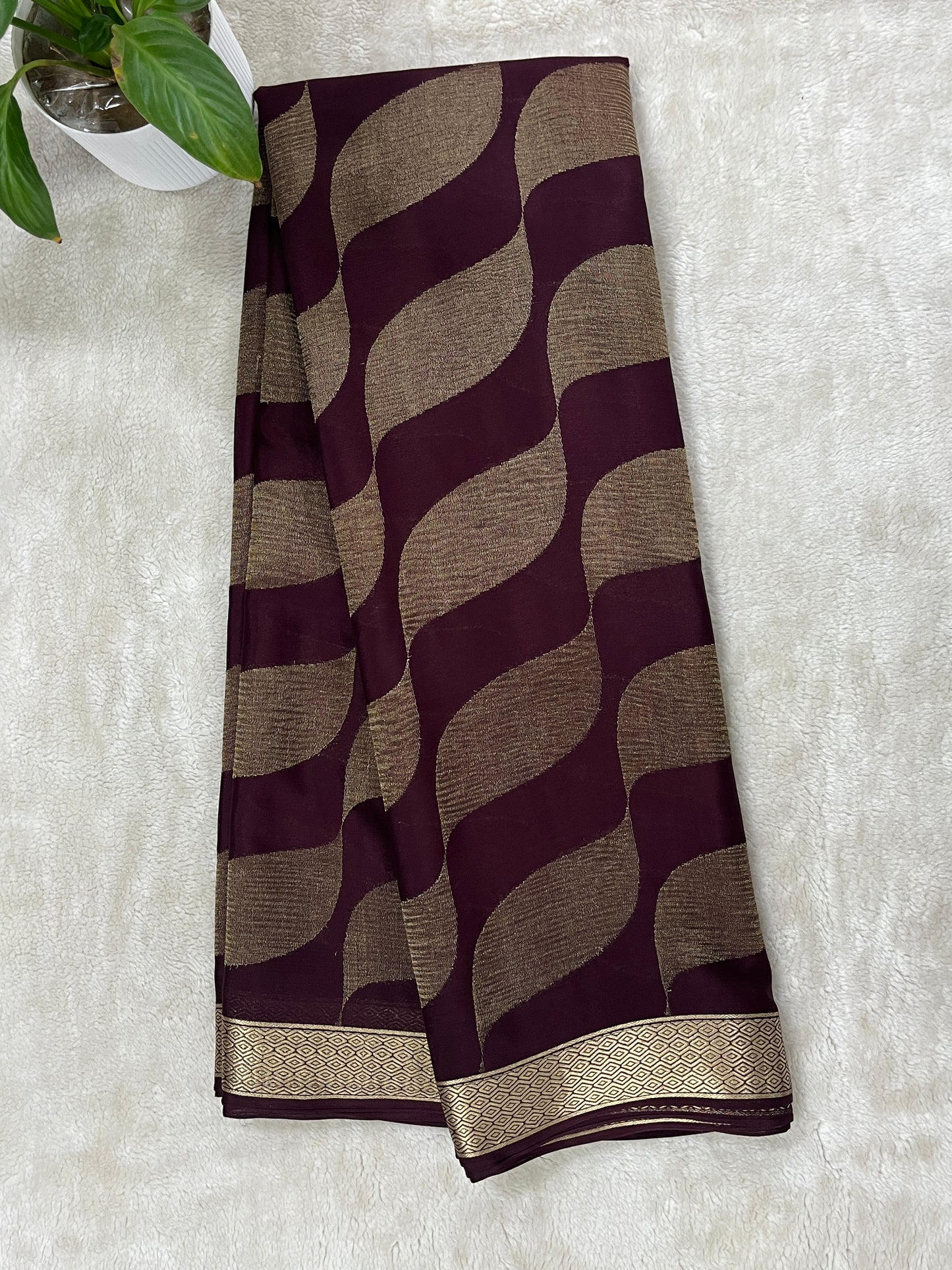 Pure Crepe Mysore Silk Saree Diamond Crush Brocade In Wine Color With Self Blouse