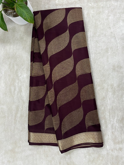 Pure Crepe Mysore Silk Saree Diamond Crush Brocade In Wine Color With Self Blouse