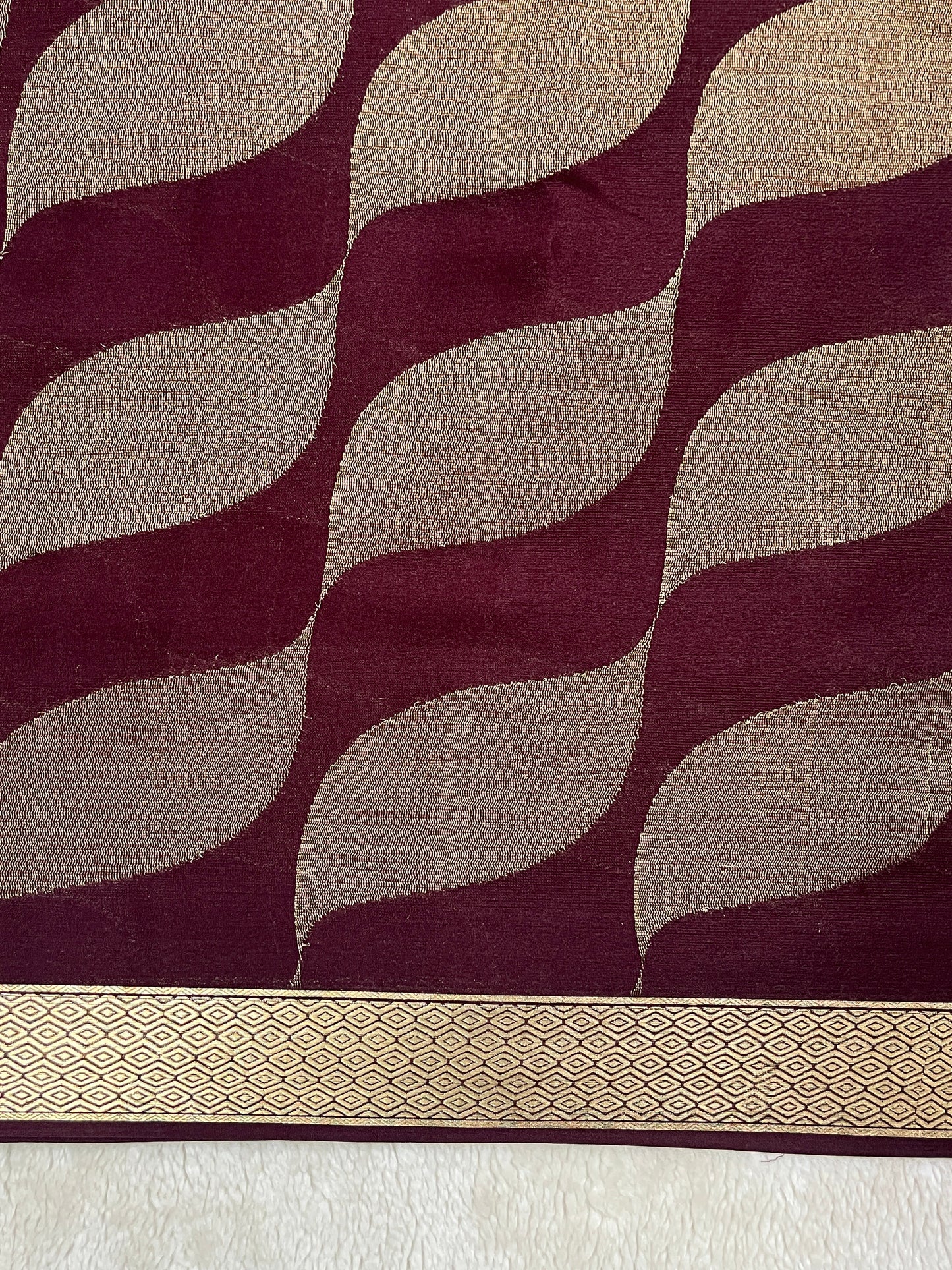 Pure Crepe Mysore Silk Saree Diamond Crush Brocade In Wine Color With Self Blouse