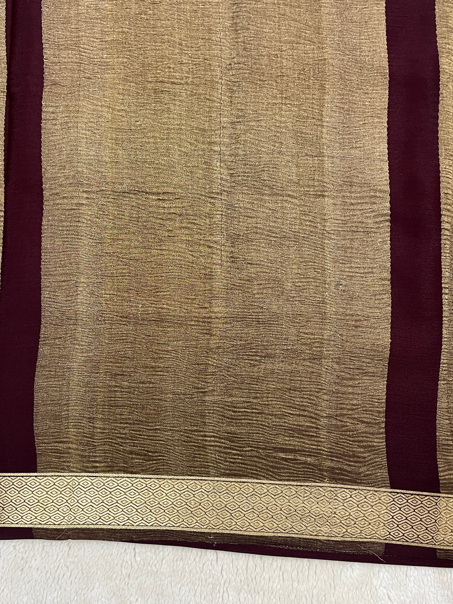 Pure Crepe Mysore Silk Saree Diamond Crush Brocade In Wine Color With Self Blouse