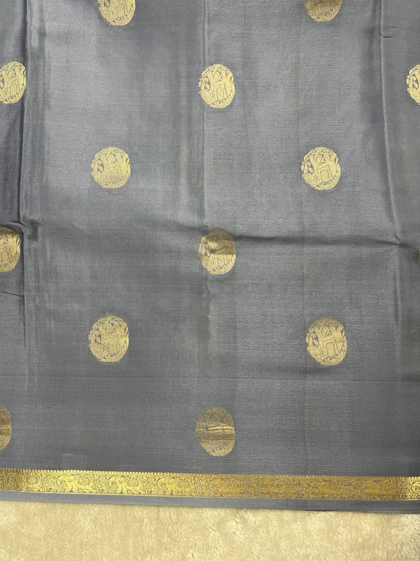 Pure Crepe Mysore Silk Saree Elephant Butta In Grey With Self Blouse