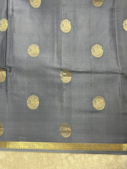 Pure Crepe Mysore Silk Saree Elephant Butta In Grey With Self Blouse