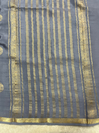Pure Crepe Mysore Silk Saree Elephant Butta In Grey With Self Blouse
