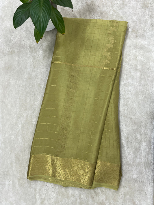 Pure Crepe Mysore Silk Saree with kalanjali checks in Green Colour