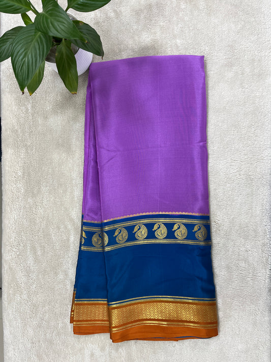 Pure Crepe Mysore Silk-3D Saree in Purple and Orange with Blue Contrast Blouse