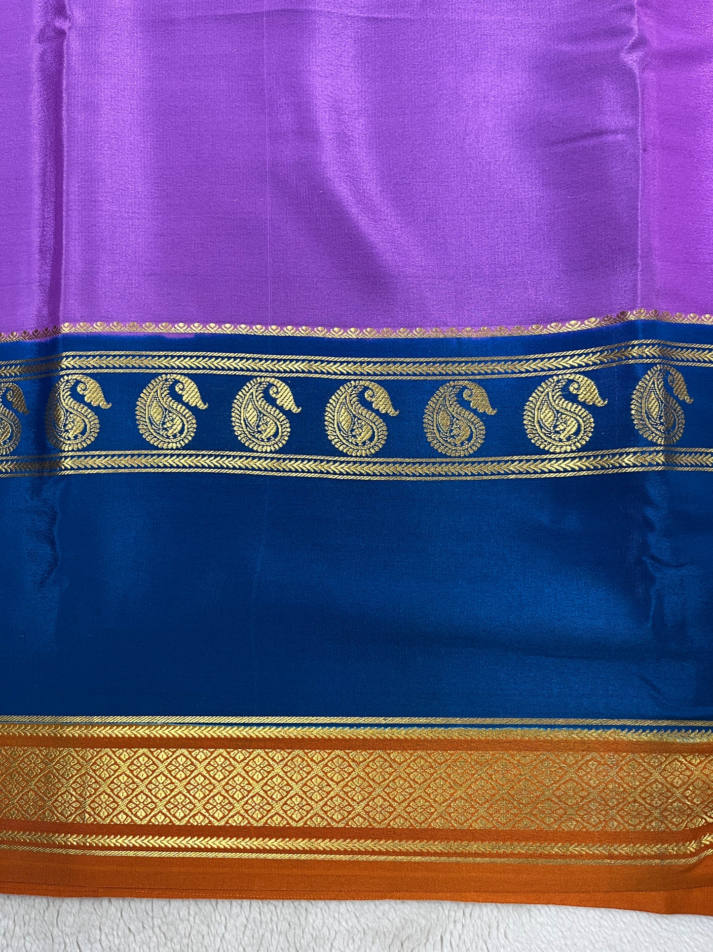 Pure Crepe Mysore Silk-3D Saree in Purple and Orange with Blue Contrast Blouse