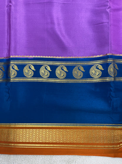 Pure Crepe Mysore Silk-3D Saree in Purple and Orange with Blue Contrast Blouse