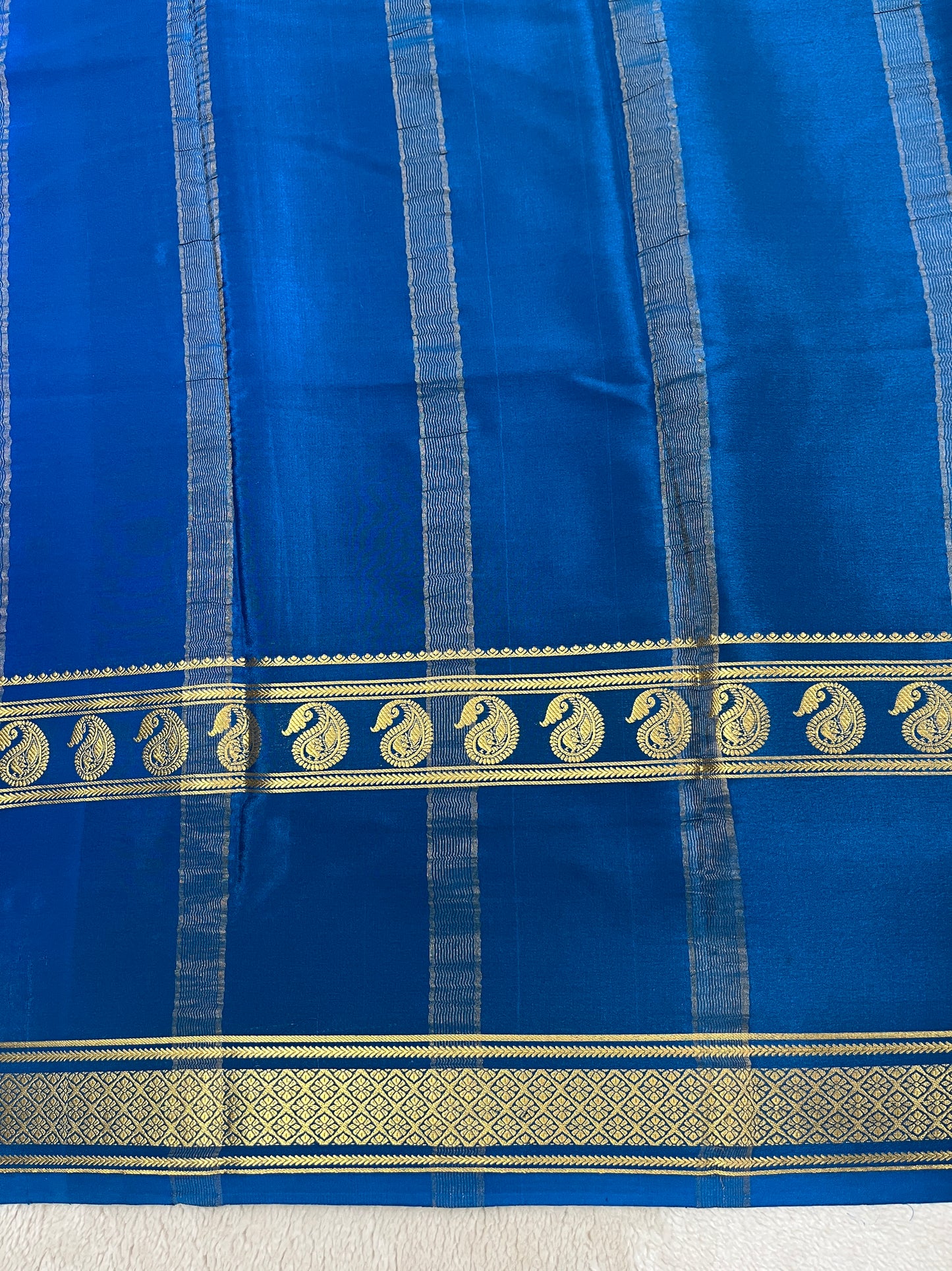 Pure Crepe Mysore Silk-3D Saree in Purple and Orange with Blue Contrast Blouse