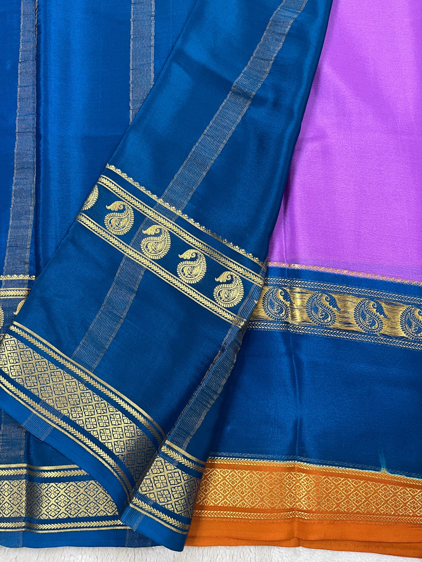 Pure Crepe Mysore Silk-3D Saree in Purple and Orange with Blue Contrast Blouse