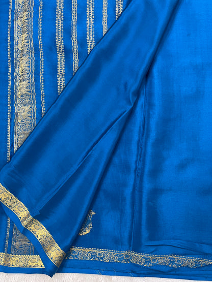 Pure Crepe Mysore Silk Saree with Elephant Butta in Royal Blue