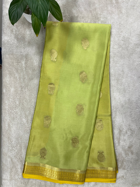 Pure Crepe Mysore Silk Saree with Butta In Green with Contrast Yellow Blouse