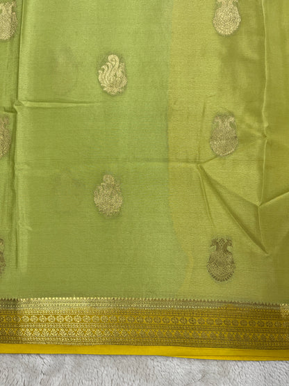Pure Crepe Mysore Silk Saree with Butta In Green with Contrast Yellow Blouse