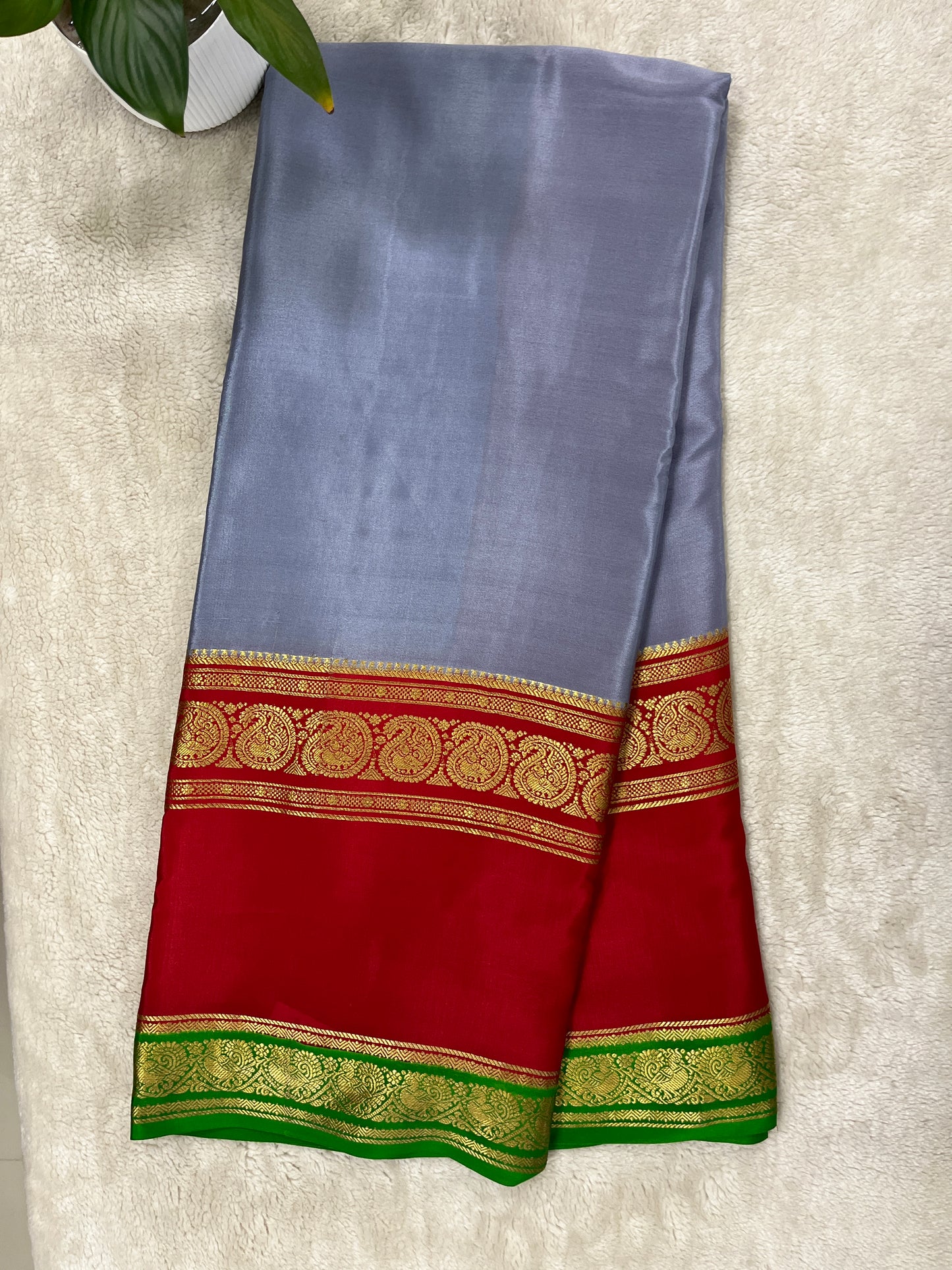 Pure Crepe Mysore Silk-3D Saree In Grey and Green with Red Contrast Blouse