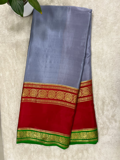 Pure Crepe Mysore Silk-3D Saree In Grey and Green with Red Contrast Blouse