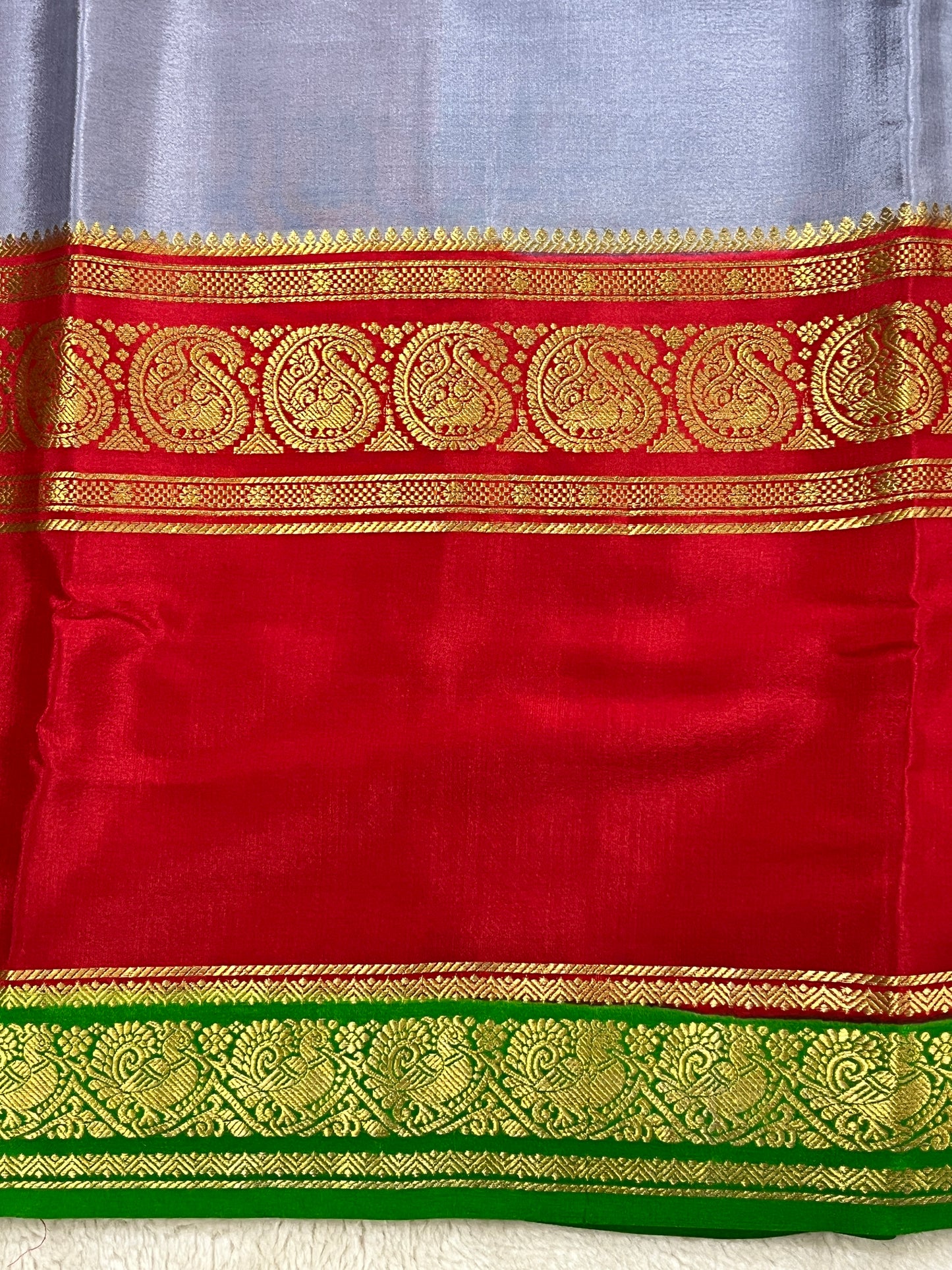 Pure Crepe Mysore Silk-3D Saree In Grey and Green with Red Contrast Blouse