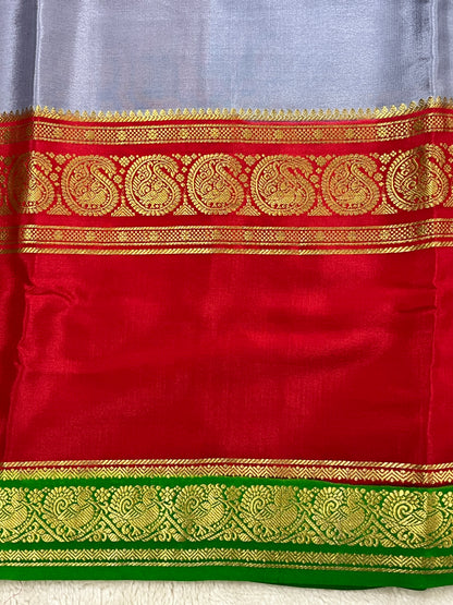 Pure Crepe Mysore Silk-3D Saree In Grey and Green with Red Contrast Blouse