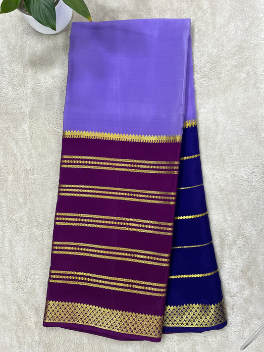Pure Crepe Mysore Silk-3D Saree in Sky Blue and Royal Blue with Purple Contrast Blouse