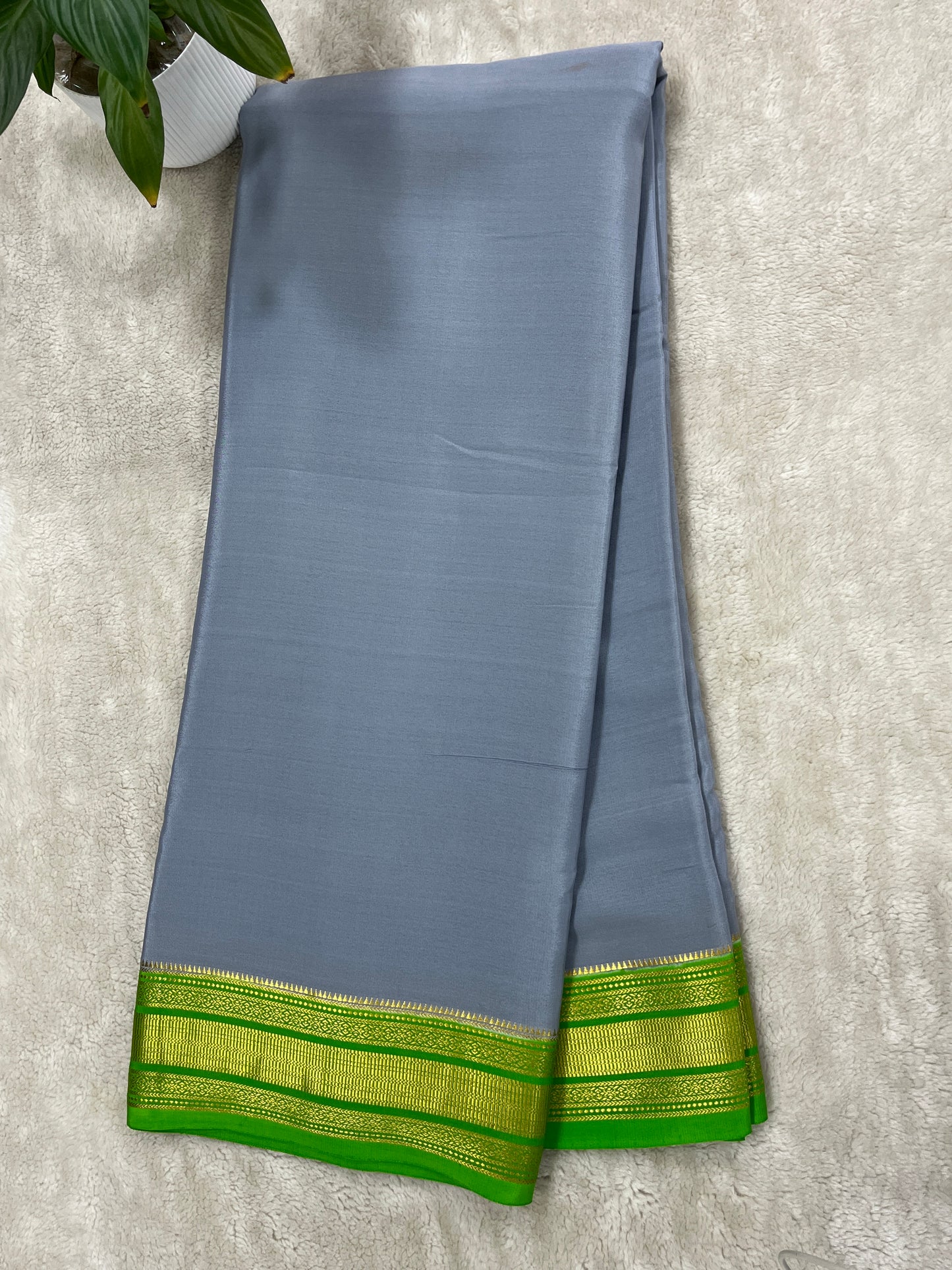 Pure Crepe Mysore Silk In Grey Colour with Green Patti Border and Green Contrast Blouse