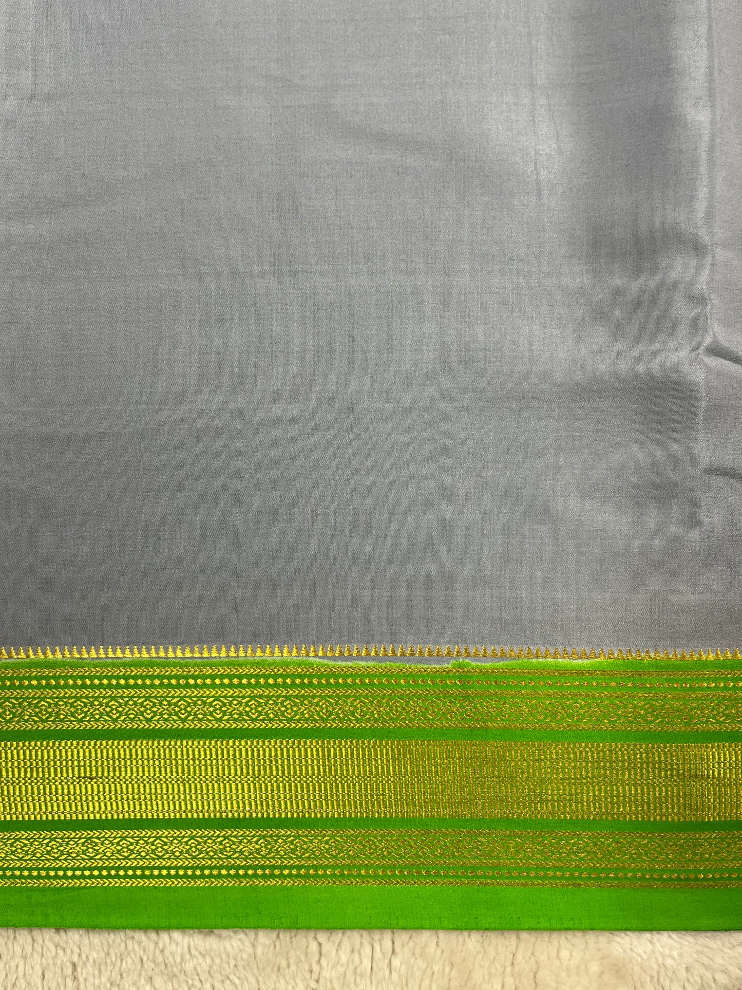Pure Crepe Mysore Silk In Grey Colour with Green Patti Border and Green Contrast Blouse