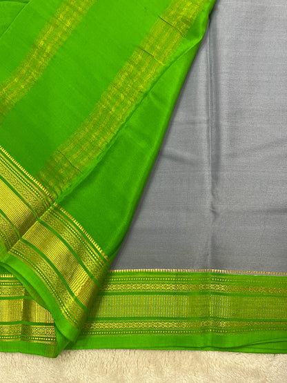 Pure Crepe Mysore Silk In Grey Colour with Green Patti Border and Green Contrast Blouse