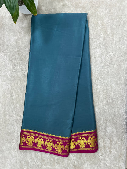 Pure Mysore Silk Gandaberunda Border In Teal Blue With Pink Contrast Blouse